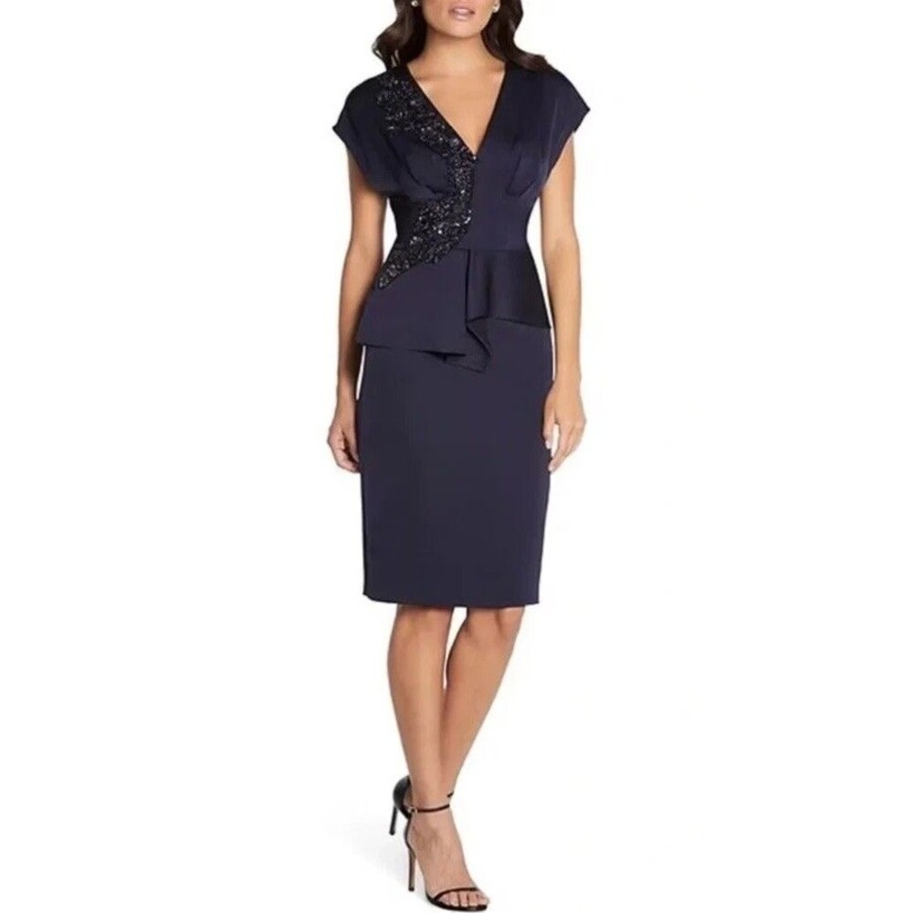 Aidan Mattox Sequin Lace Applique V-Neck Cap Sleeve Peplum Satin Cocktail Dress